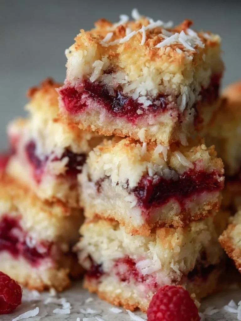 Delicious Raspberry Coconut Bars topped with coconut flakes and fresh raspberries.
