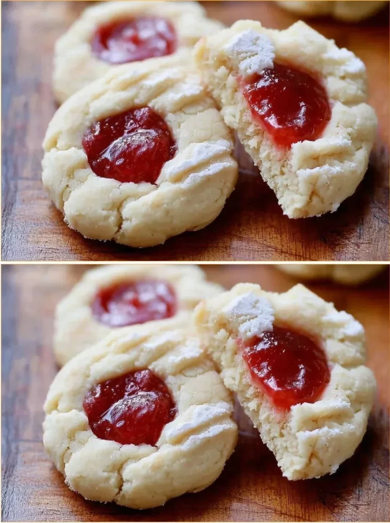 Close-up of Raspberry Thumbprint Cookies with raspberry jam filling