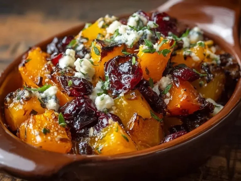 Roasted butternut squash topped with cranberries, goat cheese, and shallots