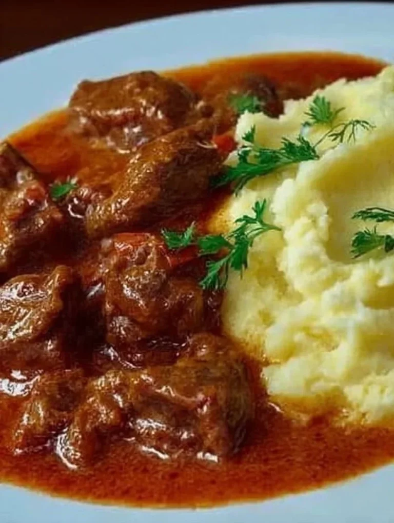 Simple Beef Goulash with Bell Pepper in a serving bowl