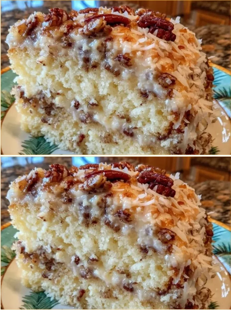 Southern Coconut Pecan Buttermilk Cake topped with coconut and pecans
