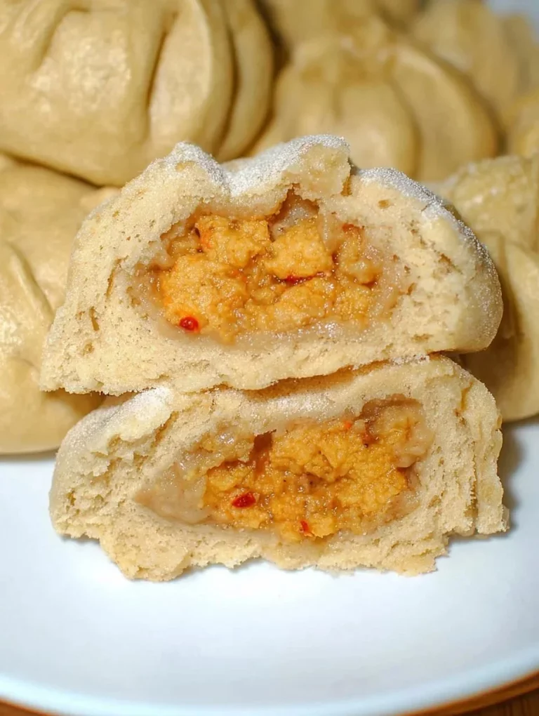 Freshly steamed bun filled with savory ingredients on a wooden table.