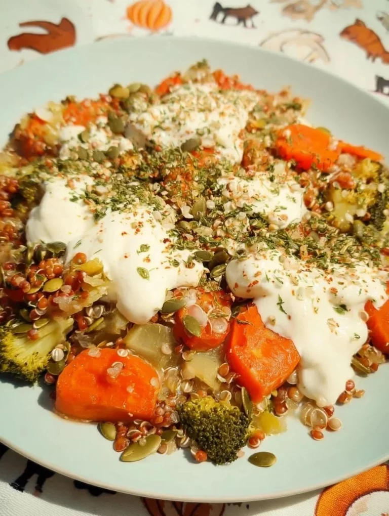 Bowl of stewed vegetables with lentils and spelt, a healthy, colorful dish.