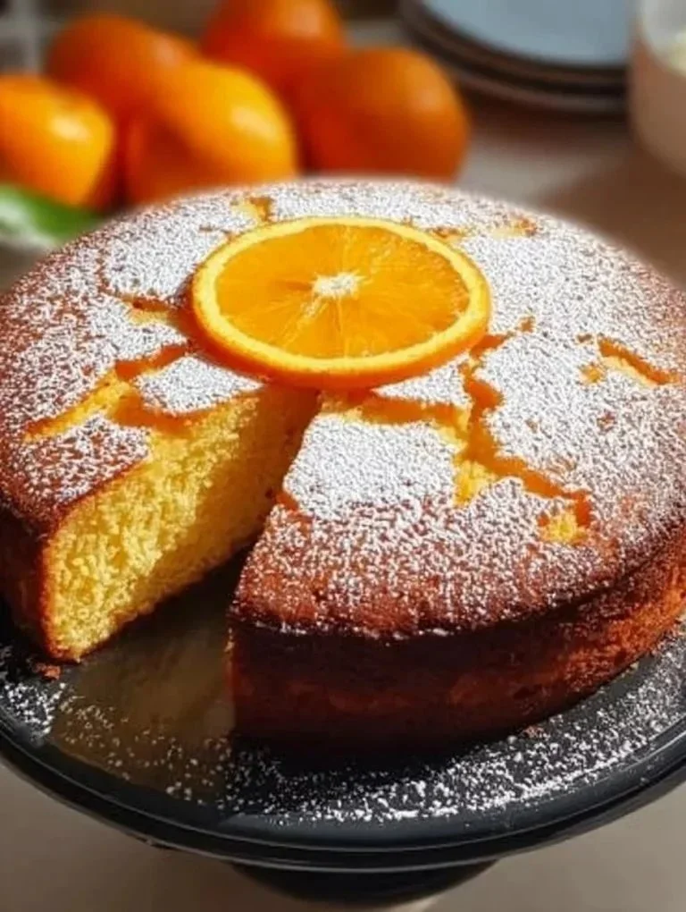 Delicious super smooth orange cake topped with fresh orange slices