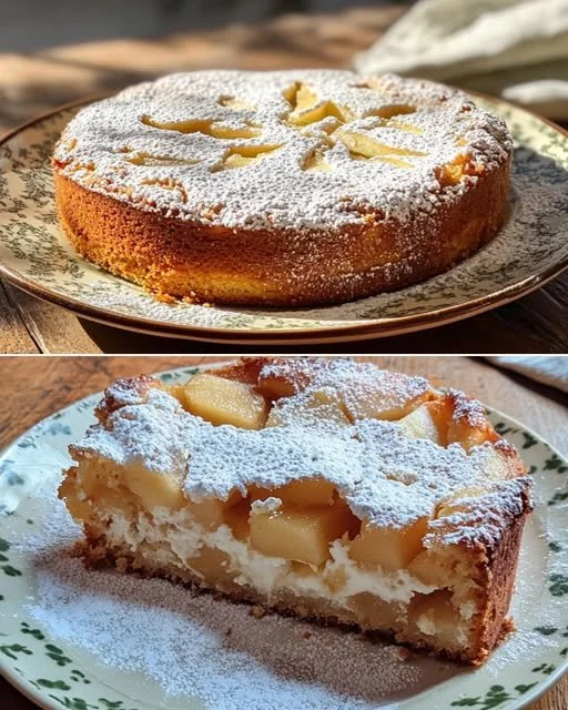 Delicious slice of Apple Ricotta Cake topped with fresh apple slices