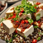Tofu with Indian sauce served with black lentils and buckwheat in a bowl.