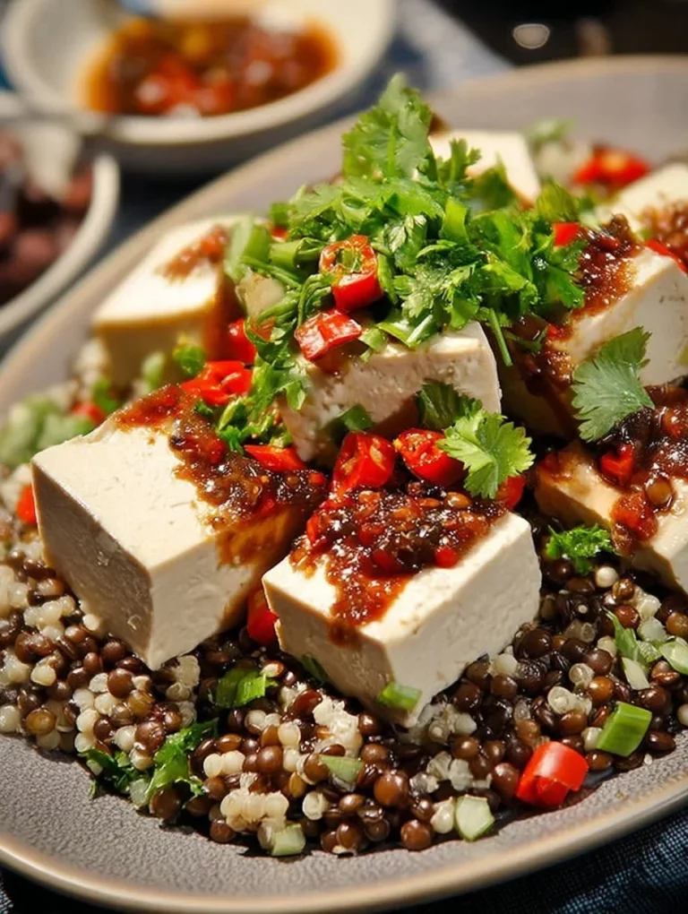 Tofu with Indian sauce served with black lentils and buckwheat in a bowl.