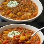 Bowl of Turkish Lentil Soup garnished with herbs and spices