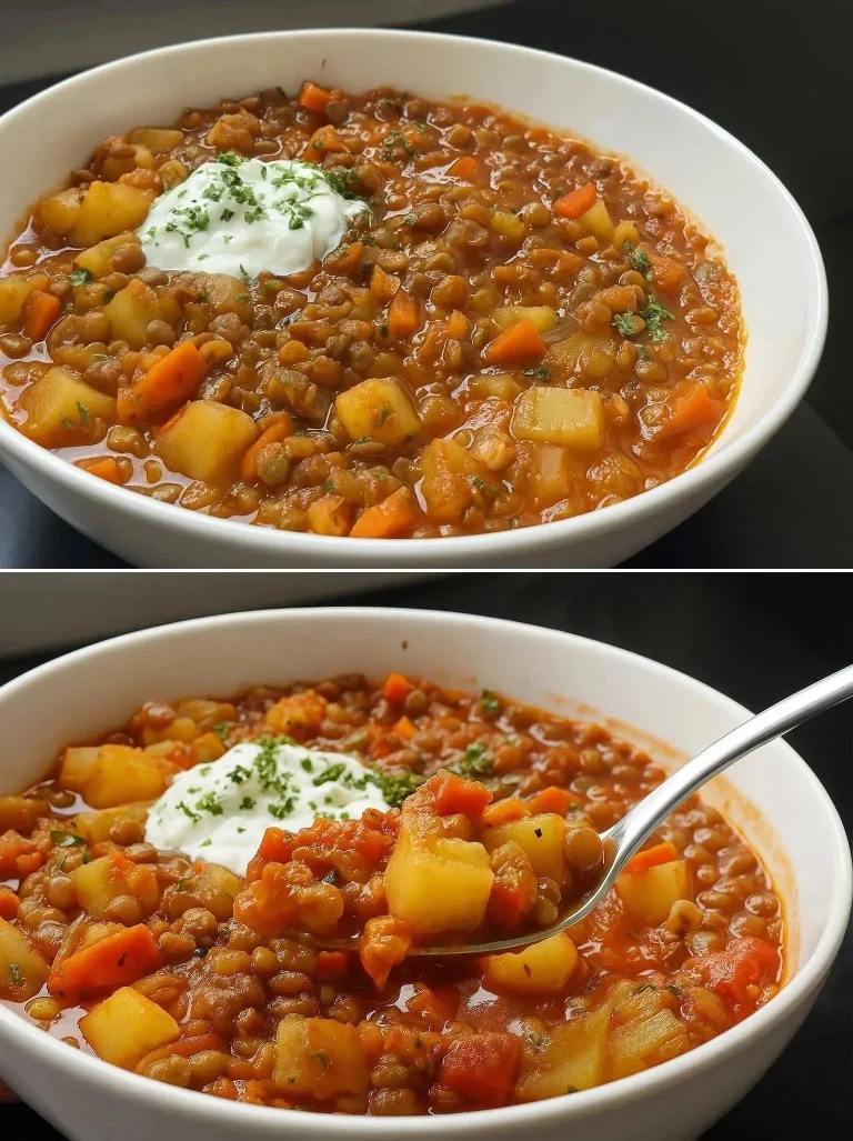 Bowl of Turkish Lentil Soup garnished with herbs and spices