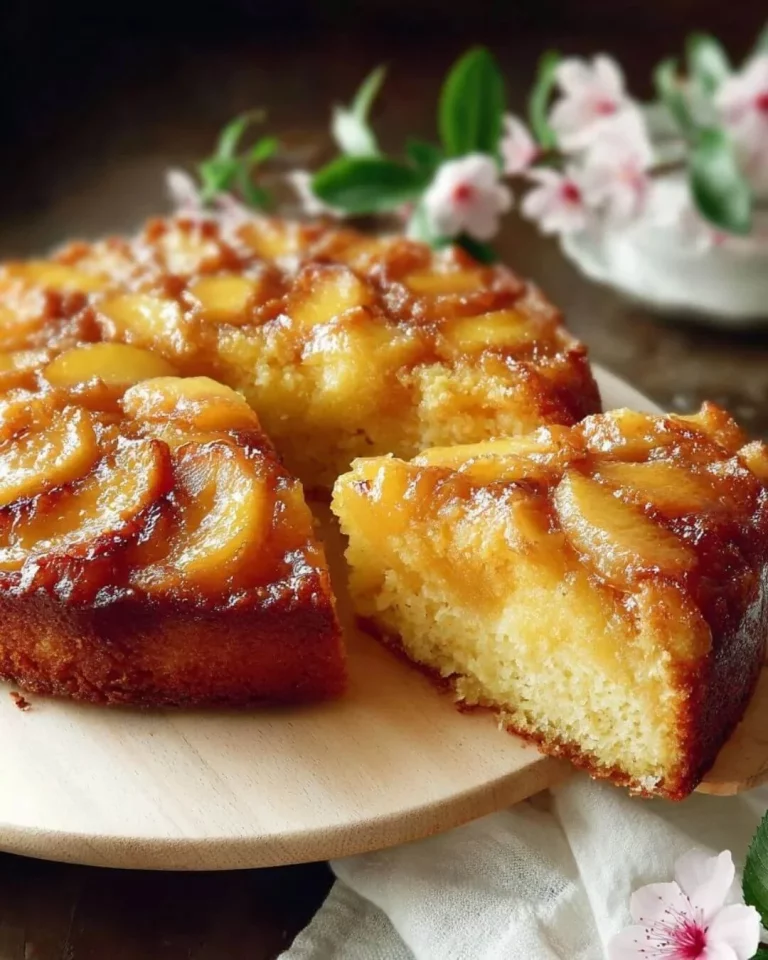 Upside-Down Peach Cake topped with fresh peaches and a golden layer