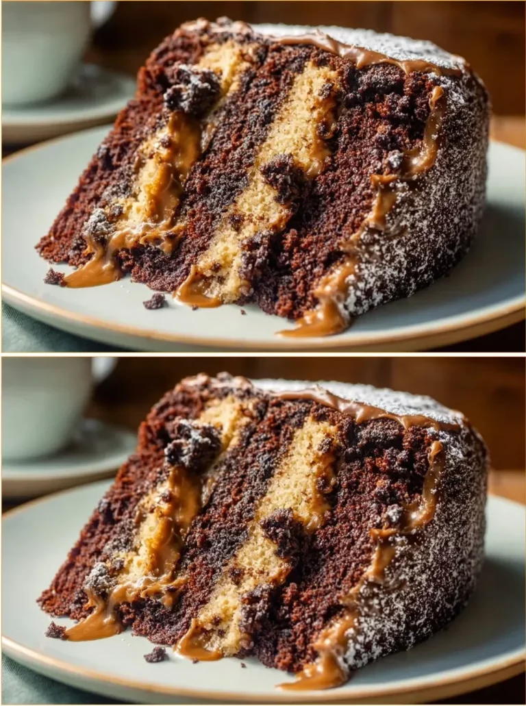 Delicious Vegan Chocolate Caramel Cake topped with drizzled caramel sauce