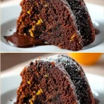 Vegan Chocolate Orange Bundt Cake made with whole wheat, garnished with orange slices.