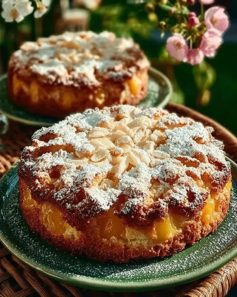 Delicious slice of Yogurt Peach Cake with fresh peaches on top