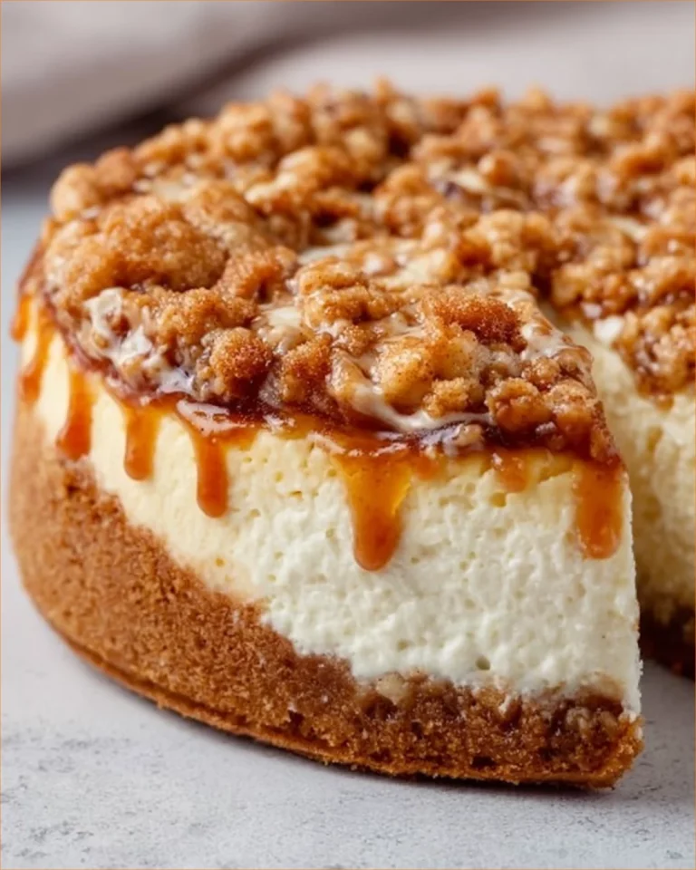Delicious apple crisp cheesecake with a crunchy topping and creamy filling