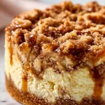 Slice of apple crumble cheesecake topped with brown sugar crumble and apple slices