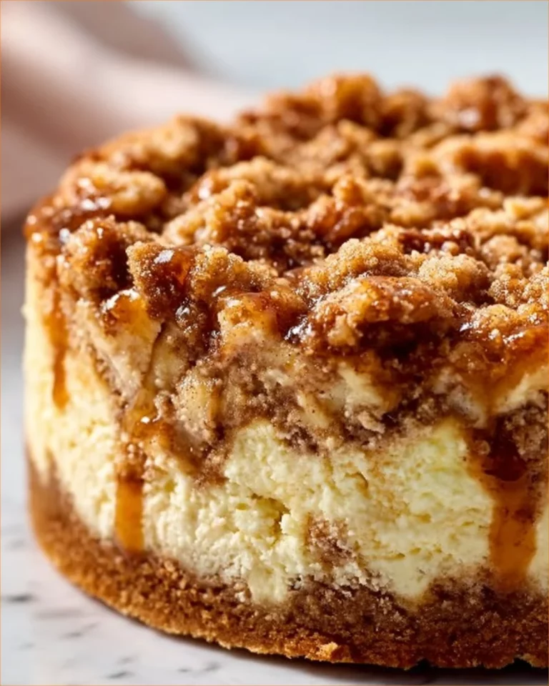 Slice of apple crumble cheesecake topped with brown sugar crumble and apple slices