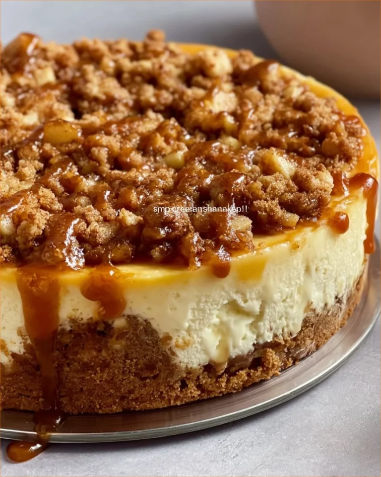 Delicious apple crumble cheesecake topped with buttery crumble
