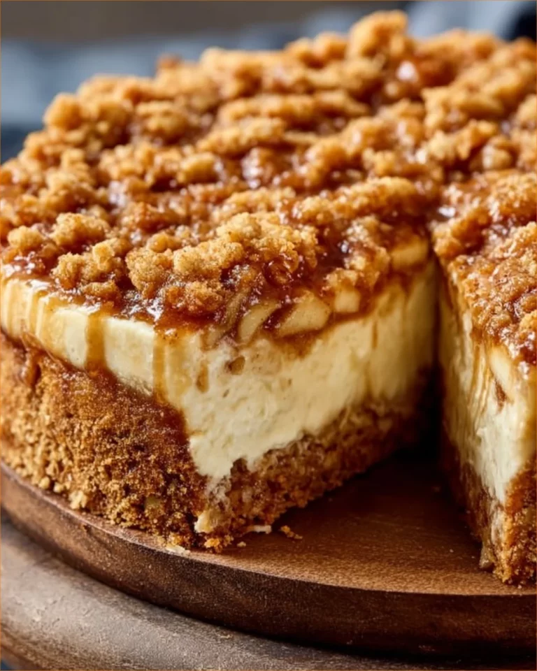 Delicious apple crumble cheesecake topped with a crunchy crumble layer