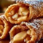 Apple pie egg rolls filled with spiced apples and served with caramel sauce