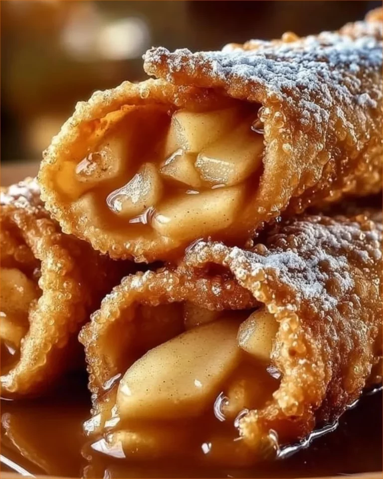 Apple pie egg rolls filled with spiced apples and served with caramel sauce