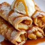 Delicious apple pie egg rolls served with caramel sauce