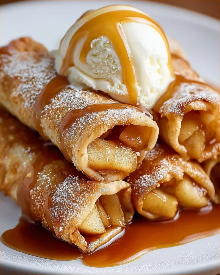 Delicious apple pie egg rolls served with caramel sauce