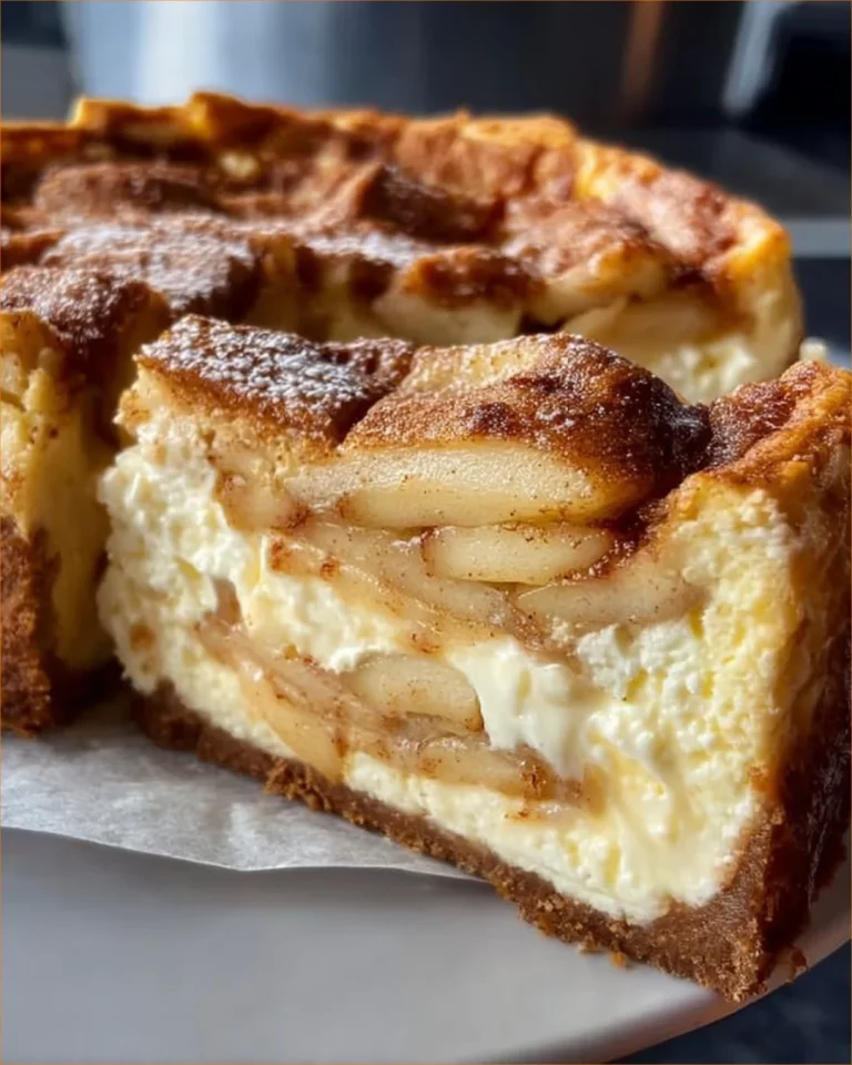 Slices of apple pie cheesecake topped with caramel and apple slices