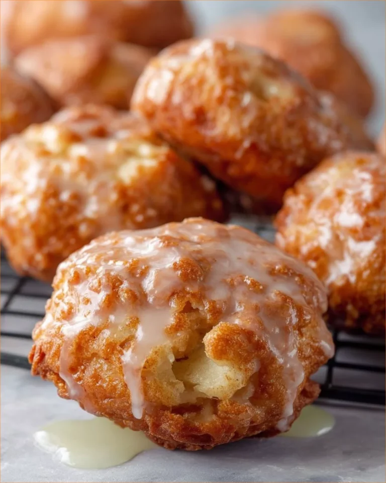 Baked apple fritters topped with glaze on a wooden table