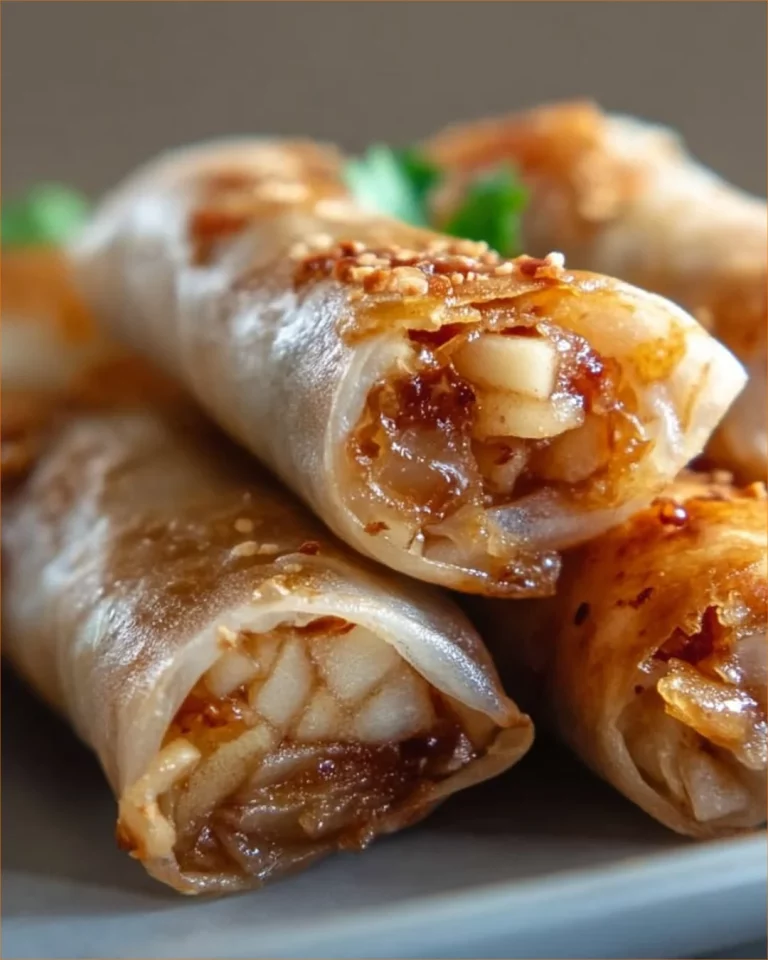 Baked apple pie rice paper rolls with cinnamon and apple filling.