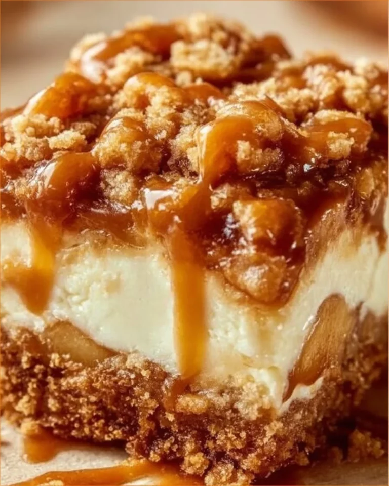 Delicious Caramel Apple Cheesecake Bars with caramel drizzle