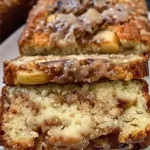Sliced cinnamon swirl apple fritter bread on a wooden board