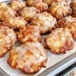 Crispy apple fritters served with a drizzle of glaze on a plate