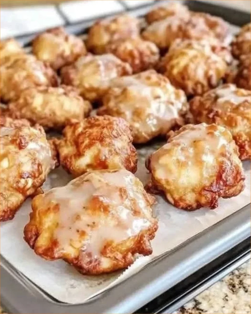 Crispy apple fritters served with a drizzle of glaze on a plate