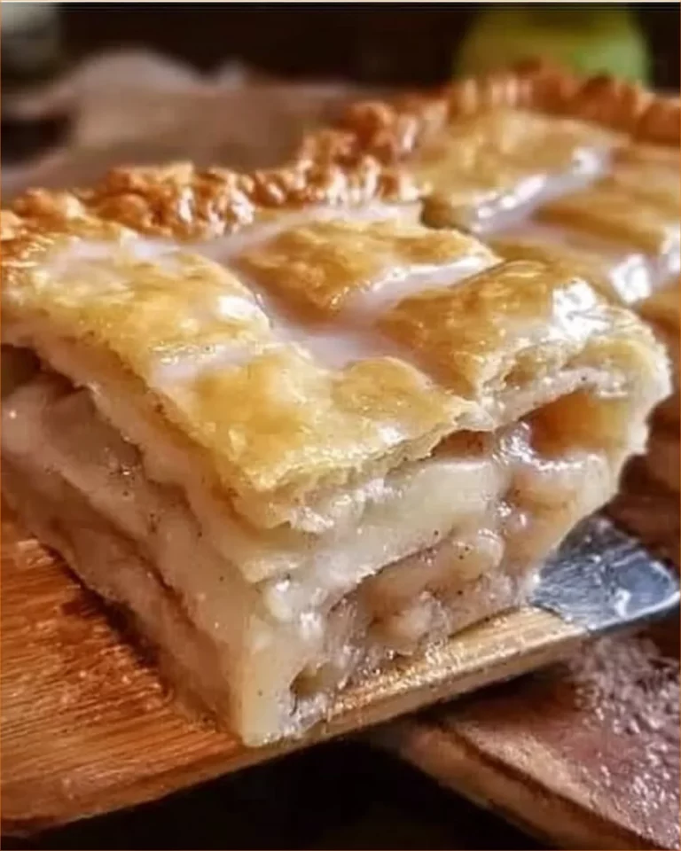 Glazed apple slab pie with a golden crust and shiny apple glaze