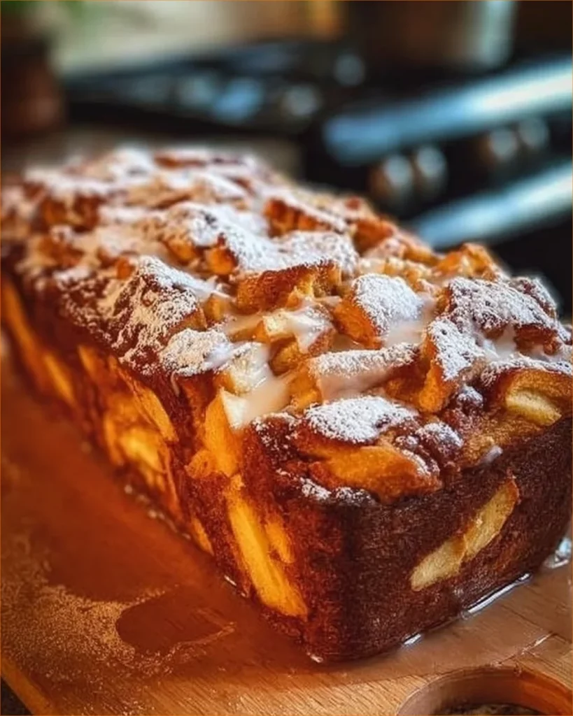 Freshly baked irresistible Apple Cinnamon Bread with sliced apples and cinnamon.