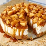 No-Bake Apple Pie Cheesecake with caramel drizzle and apple slices