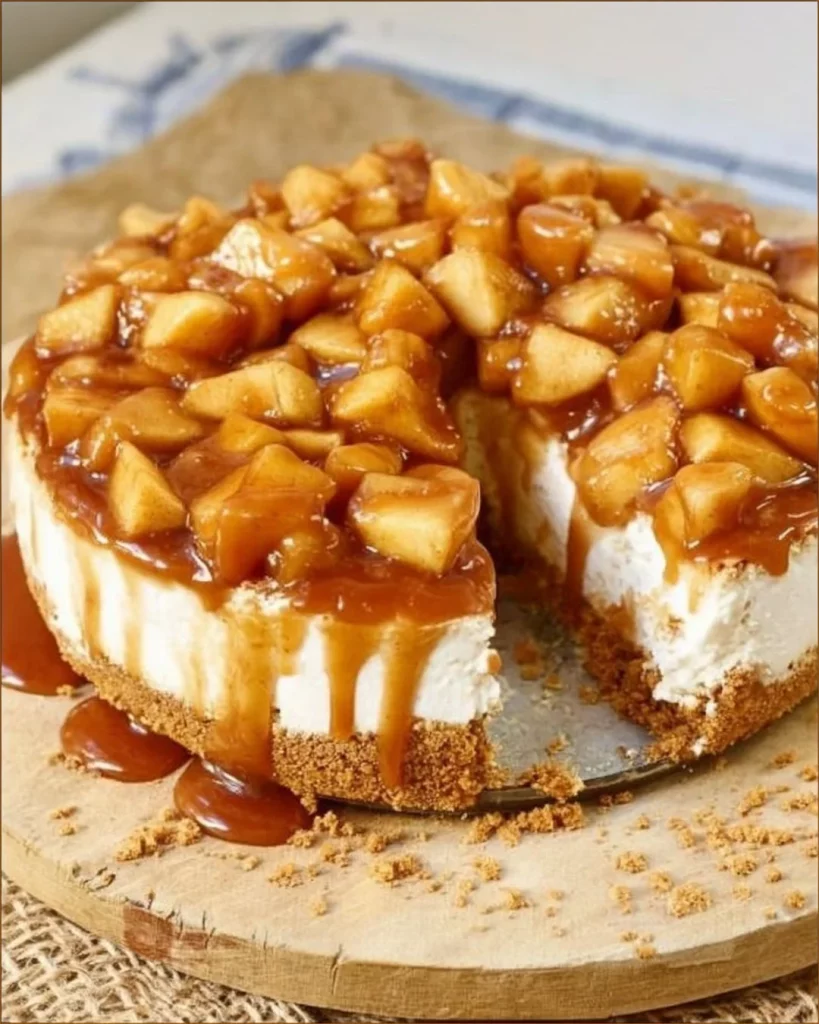 No-Bake Apple Pie Cheesecake with caramel drizzle and apple slices