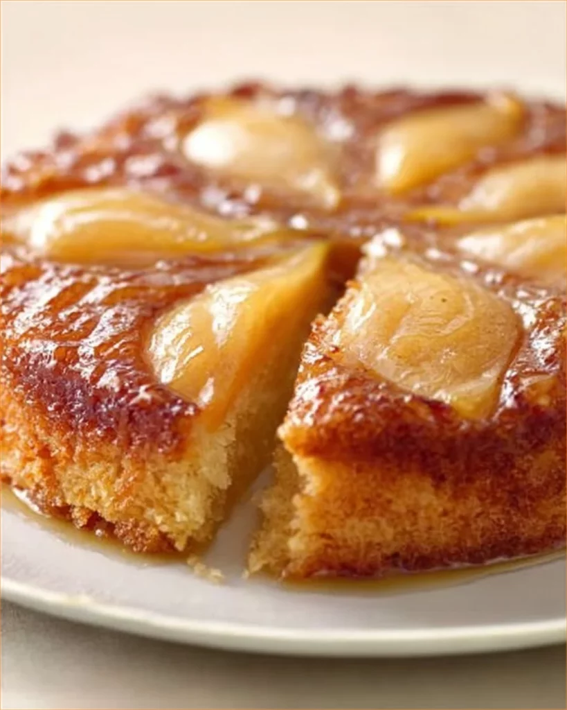 Moist pear upside-down cake topped with caramelized pears