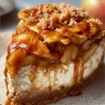 Slice of Salted Caramel Apple Pie Cheesecake topped with drizzled caramel