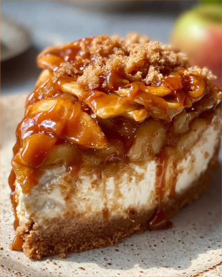 Slice of Salted Caramel Apple Pie Cheesecake topped with drizzled caramel