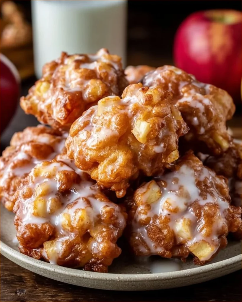 Warm baked apple fritters fresh out of the oven, dusted with powdered sugar.