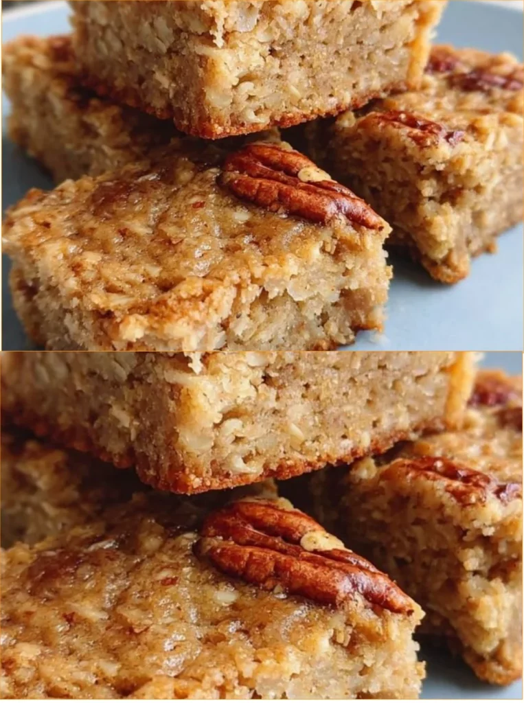 Freshly baked banana oatmeal bars on a wooden table, healthy snack option.