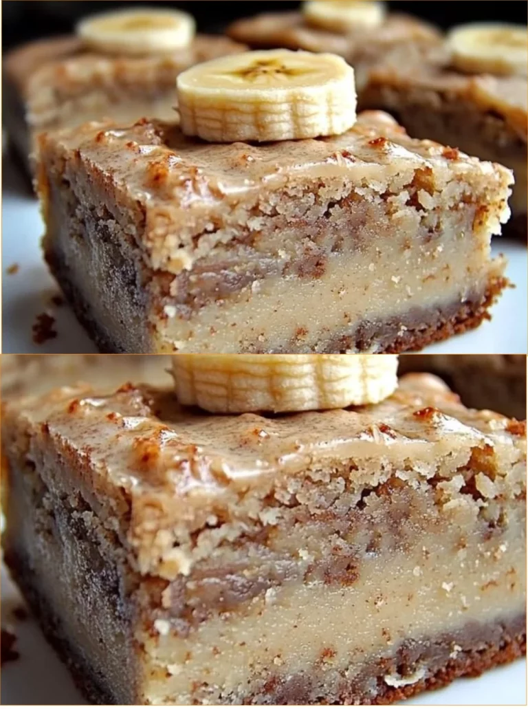 Delicious banana bread brownies topped with walnuts and chocolate chips.