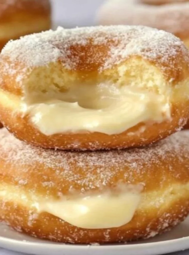 Delicious Bavarian Cream Donuts filled with rich pastry cream and powdered sugar.