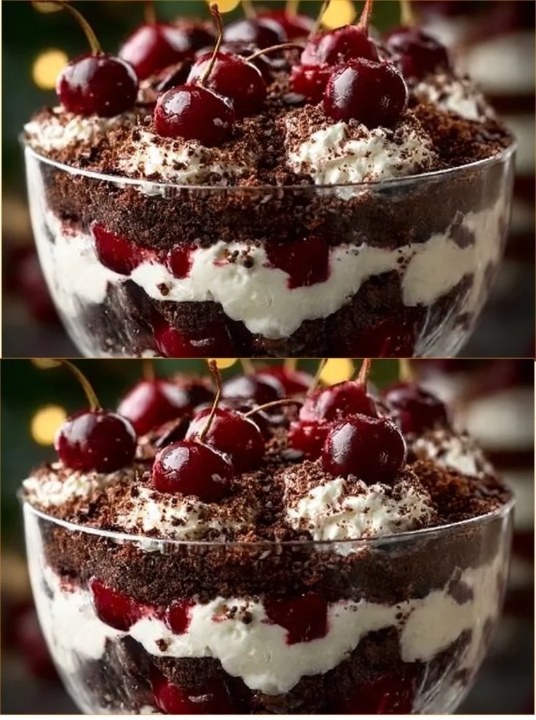 Delicious Black Forest Trifle with layers of chocolate, cherries, and whipped cream