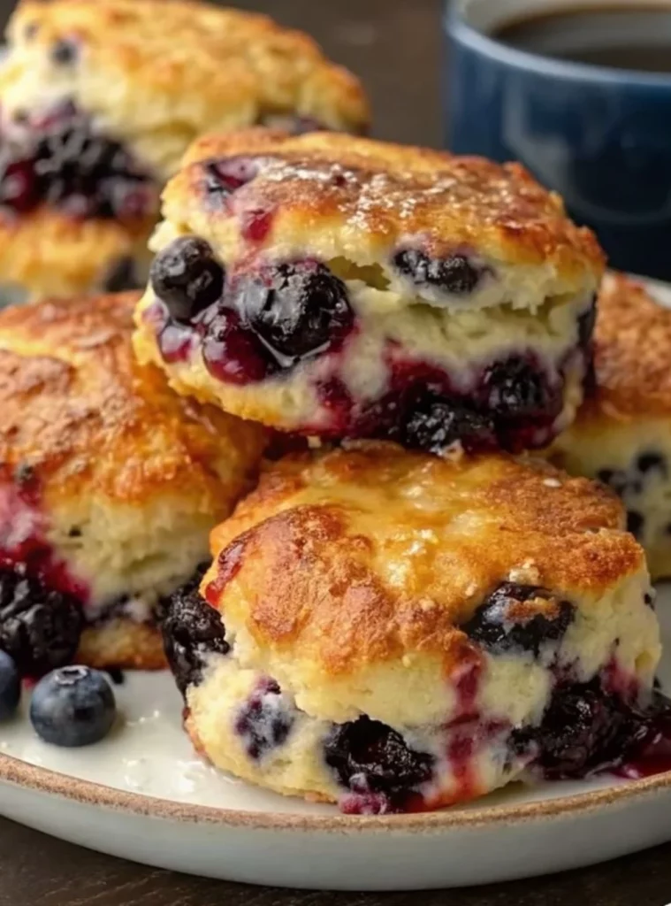 Freshly baked blueberry biscuits on a rustic wooden table