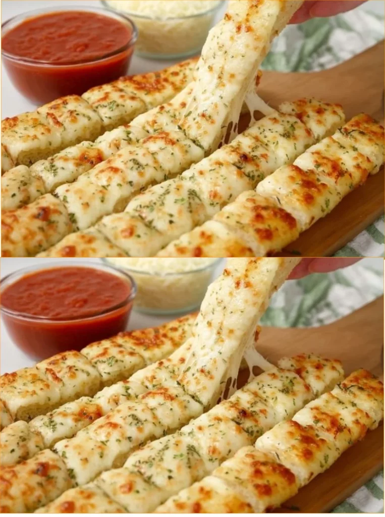 Delicious cheesy breadsticks served warm with marinara sauce.