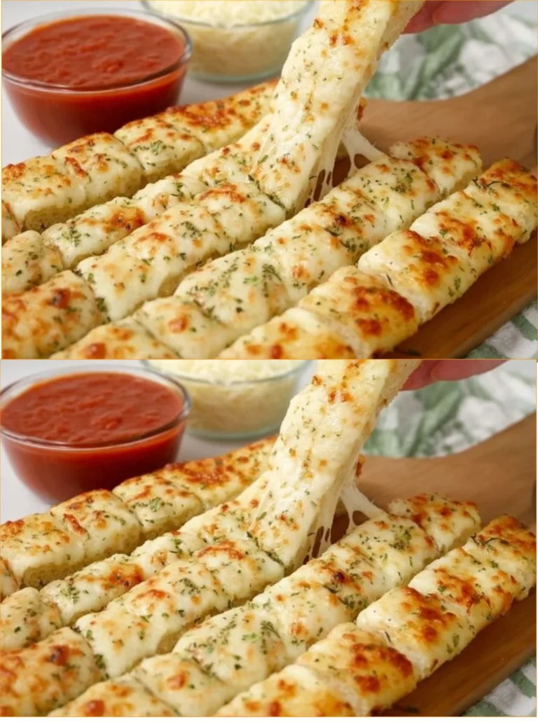 Delicious cheesy breadsticks served warm with marinara sauce.