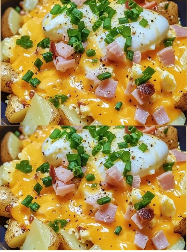 Cheesy Potato Egg Scramble served in a bowl with fresh herbs