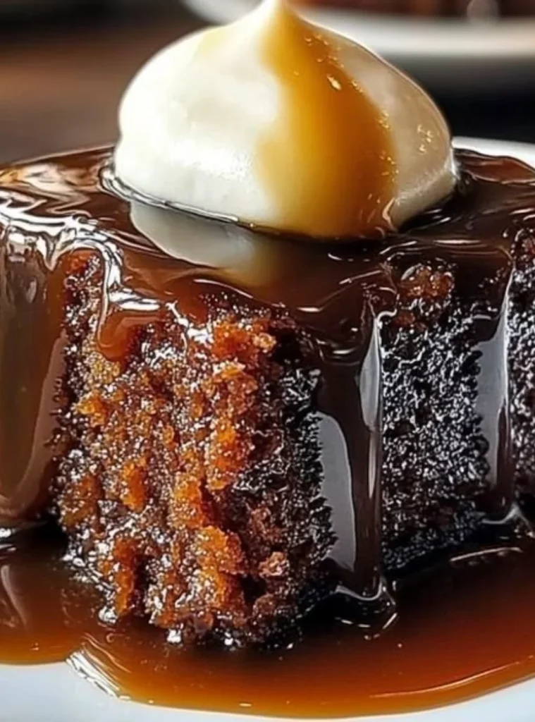 Delicious Classic Sticky Toffee Pudding topped with rich caramel sauce.